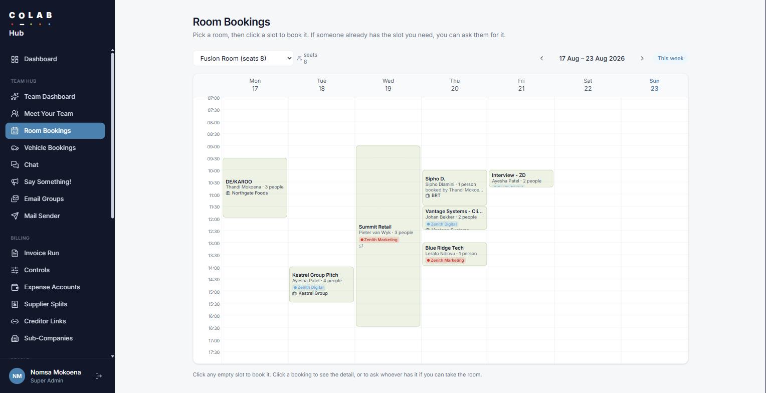 Meeting rooms for the week. Click an empty slot to take it, click a booking to ask for it.